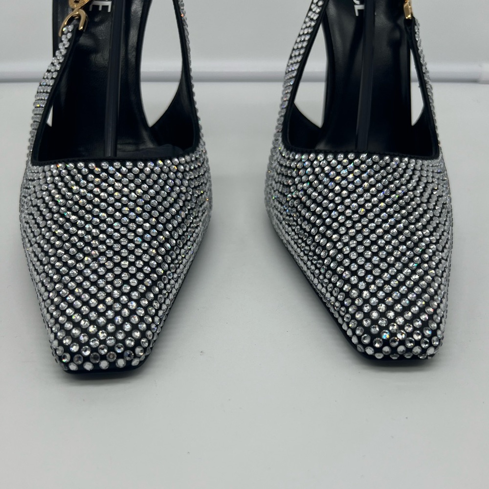 NIB VERSACE Medusa Crystal Embellished '95 Black Satin Slingback Pumps sz 39.5 - Picture 9 of 17
